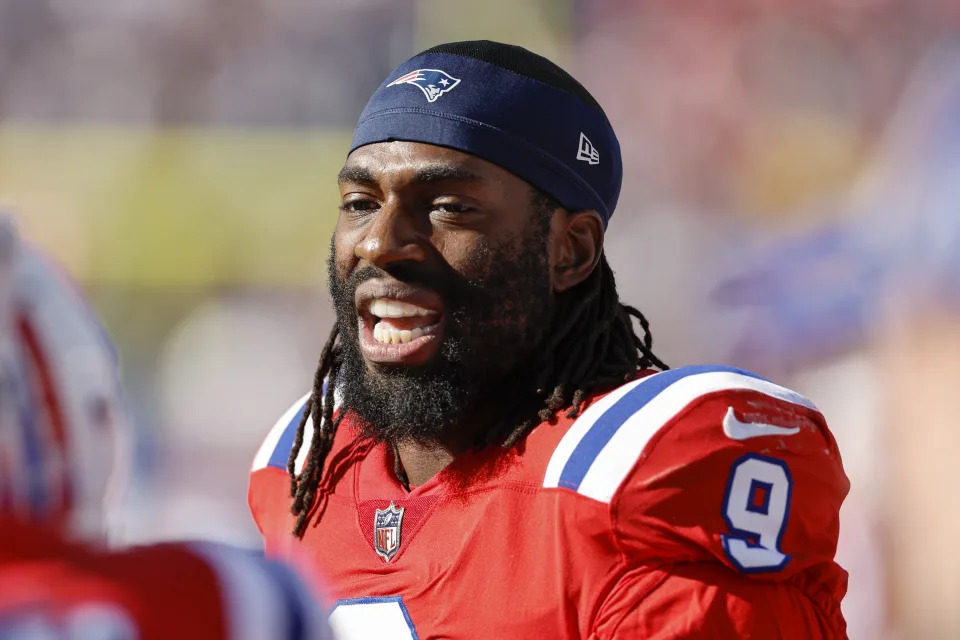 New England Patriots' Matthew Judon during an NFL football game against the Detroit Lions at Gillette Stadium, Sunday, Oct. 9, 2022 in Foxborough, Mass. (Winslow Townson/AP Images for Panini)