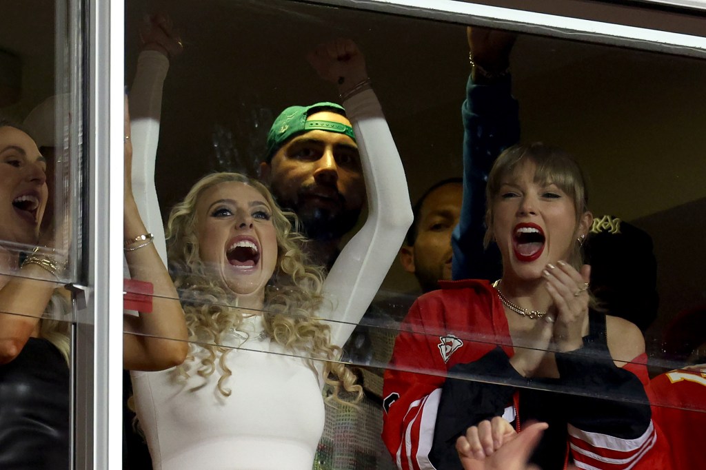 Taylor Swift (R.) celebrates during the Chiefs-Broncos game on Oct. 12, 2023.