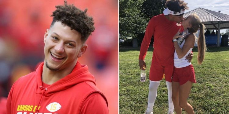 Patrick Mahomes kissing his wife Brittany Mahomes (Credits: theScore.com and Twitter)