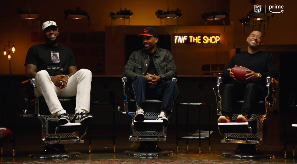 LeBron James (L.) speaks on "Thursday Night Football in The Shop."