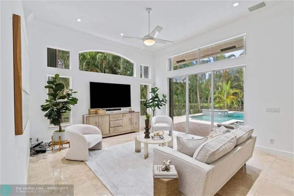 The living area overlooks the swimming pool